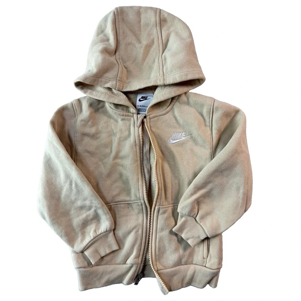 Nike Boys 4T Beige Fleece Hoodie Full Zip Hooded Pockets Logo